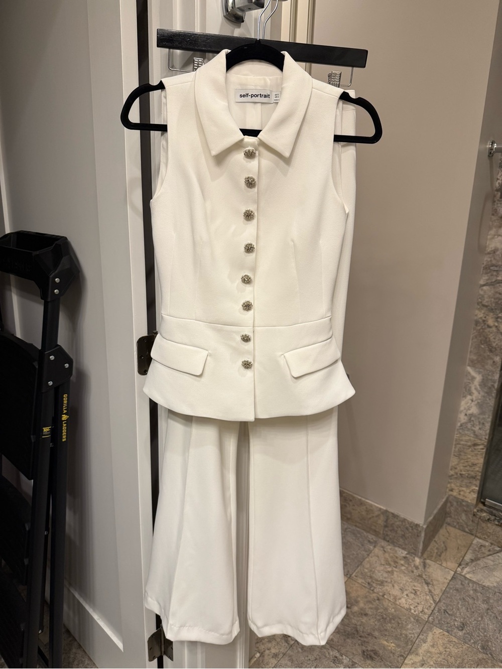 Self-Portrait White Crepe Set with Tailored Pants and Blazer Peplum Top